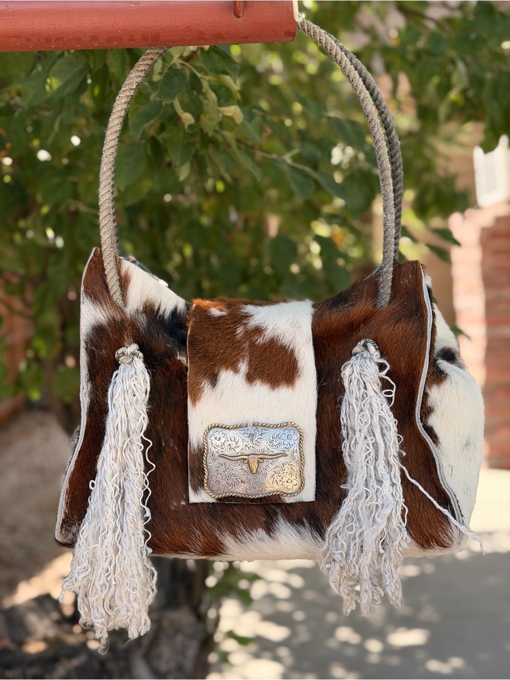 Cowhide Brown & White Tassel Shoulder Bag with Silver Concho